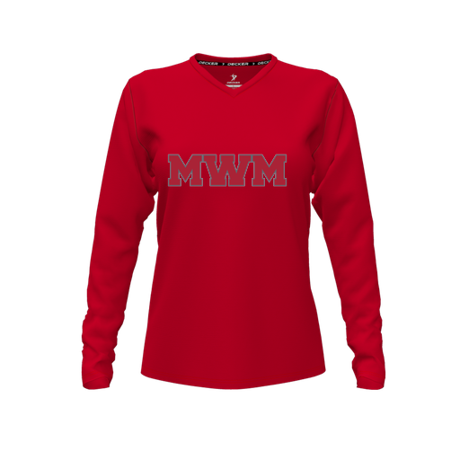 [CUS-DFW-TEES-CMF-VNK-LSL-RED-FYXS-LOGO1] Decker Comfort T-Shirt (Female Youth XS, Red, V Neck, Logo 1, Long Sleeve)