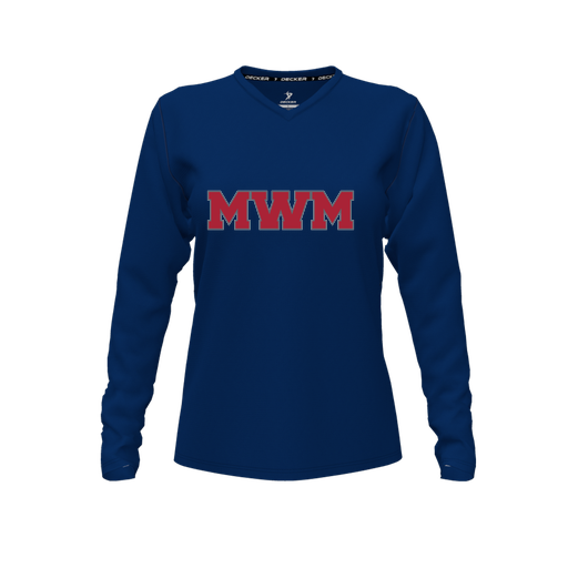 [CUS-DFW-TEES-PER-VNK-LSL-NVY-FYXS-LOGO1] Decker Performance T-Shirt (Female Youth XS, Navy, V Neck, Logo 1, Long Sleeve)